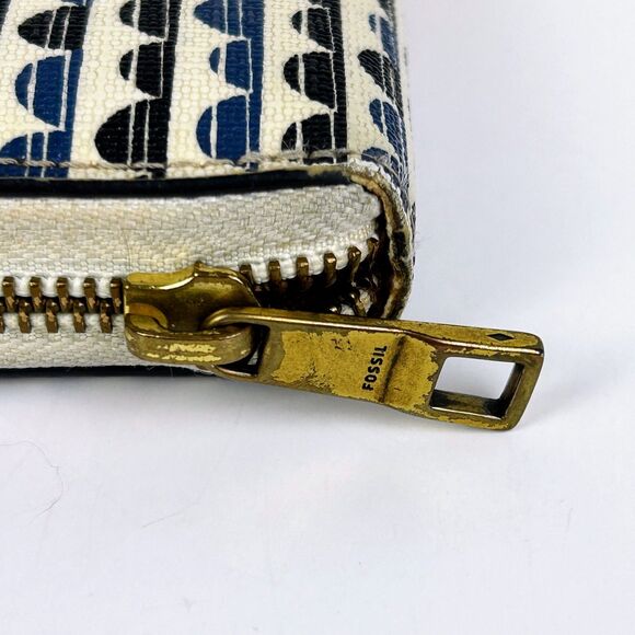 FOSSIL EMMA RFID Zip Around Continental Wallet Blue Tan Cream Geometric Pattern - Picture 11 of 11
